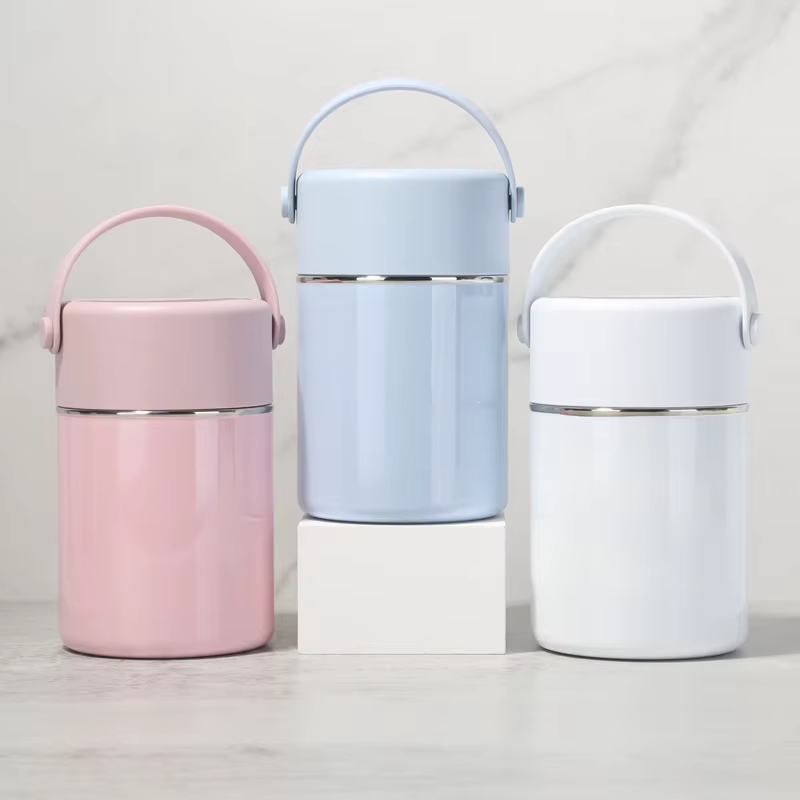 Noon Pink-and-White Handled Insulated Food Jar