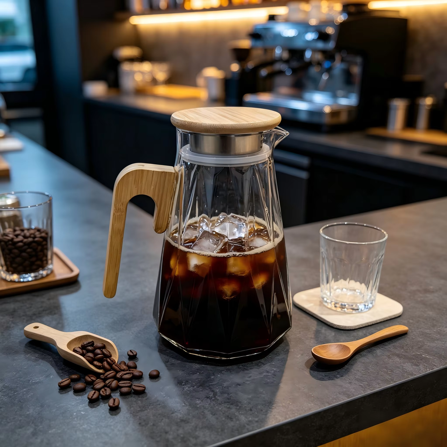 Cascade Large-Belly Borosilicate Glass Pitcher with Wooden Handle