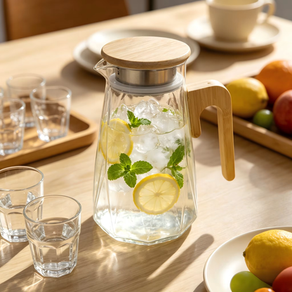 Cascade Large-Belly Borosilicate Glass Pitcher with Wooden Handle