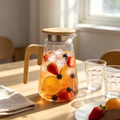 Cascade Large-Belly Borosilicate Glass Pitcher with Wooden Handle