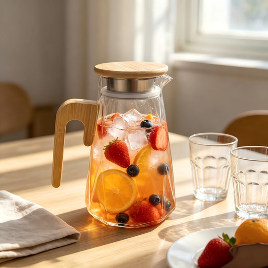 Cascade Large-Belly Borosilicate Glass Pitcher with Wooden Handle
