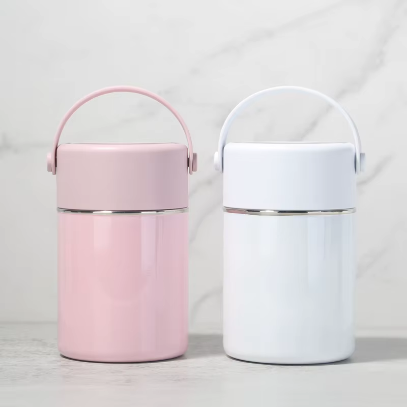 Noon Pink-and-White Handled Insulated Food Jar