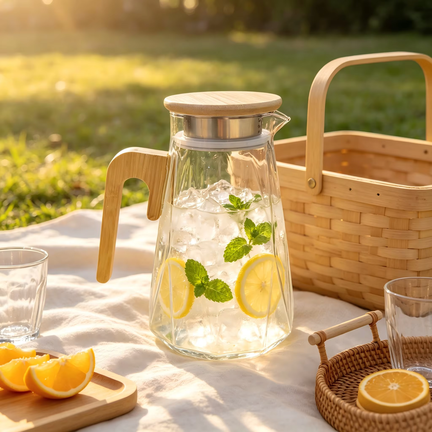 Cascade Large-Belly Borosilicate Glass Pitcher with Wooden Handle
